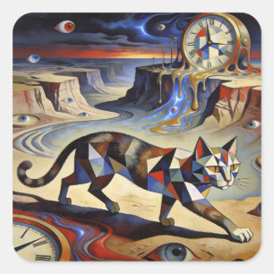 Surrealistische kat die klokken smelt, geïnspireer vierkante sticker
