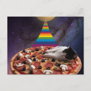 Surrealistische kat die op een pizza slaapt briefkaart