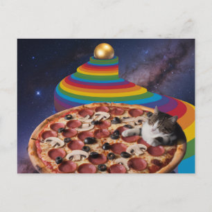 Surrealistische kat die op een pizza slaapt briefkaart