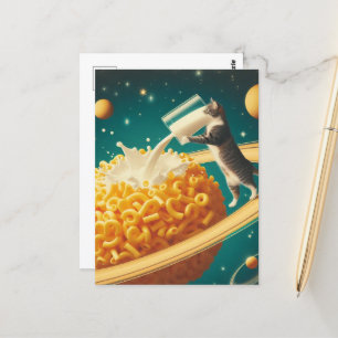 Surrealistische kat met glas melk op de planeet Pa Briefkaart