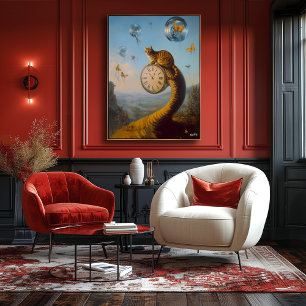 Surrealistische kat op de klok met vlinders – surr poster