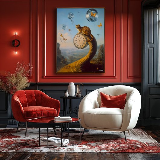 Surrealistische kat op de klok met vlinders – surr poster