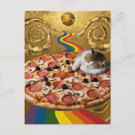 Surrealistische kat op een pizza gouden achtergron briefkaart