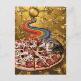 Surrealistische kat op een pizza gouden regenboog briefkaart