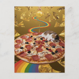 Surrealistische kat op een pizza gouden regenboog briefkaart