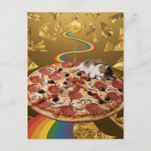 Surrealistische kat op een pizza gouden regenboog  briefkaart