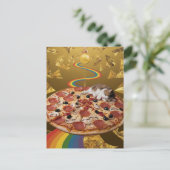 Surrealistische kat op een pizza gouden regenboog  briefkaart (Staand voorkant)
