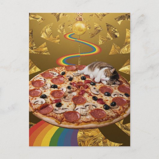 Surrealistische kat op een pizza gouden regenboog  briefkaart (Voorkant)