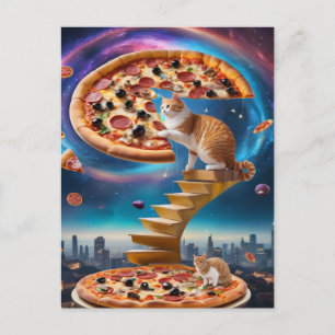 Surrealistische kat op een pizza gouden trap briefkaart