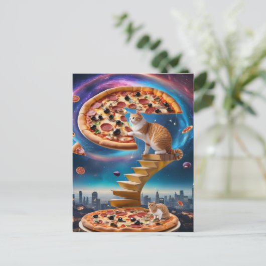 Surrealistische kat op een pizza gouden trap briefkaart (Staand voorkant)