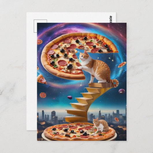 Surrealistische kat op een pizza gouden trap briefkaart (Voorkant / Achterkant)