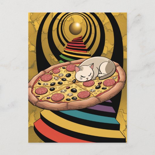 Surrealistische kat op een pizza regenboog trappen briefkaart (Voorkant)