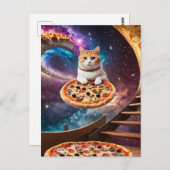 Surrealistische kat op een vliegende pizza briefkaart (Voorkant / Achterkant)