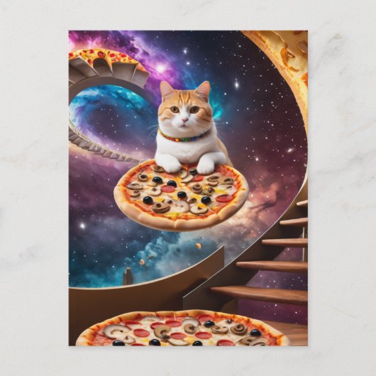 Surrealistische kat op een vliegende pizza briefkaart (Voorkant)