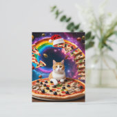 Surrealistische kat op een vliegende pizza Feestel Briefkaart (Staand voorkant)
