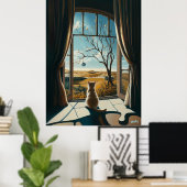 Surrealistische kat staren uit het raam - Surreali Poster (Thuiskantoor)