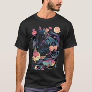 Surrealistische kat zwevend in ruimte vis grillige t-shirt