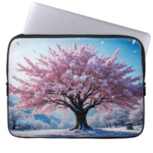 Surréalistische kersenbloesemboom in besneeuwd lan laptop sleeve