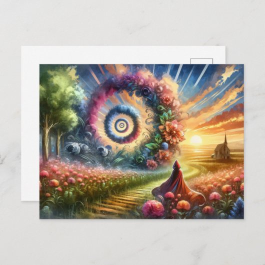 Surrealistische kleine rode rijkap bloemportaal briefkaart (Voorkant / Achterkant)