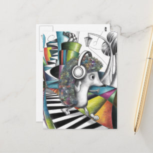 surrealistische kleurrijke egel luistert naar muzi briefkaart