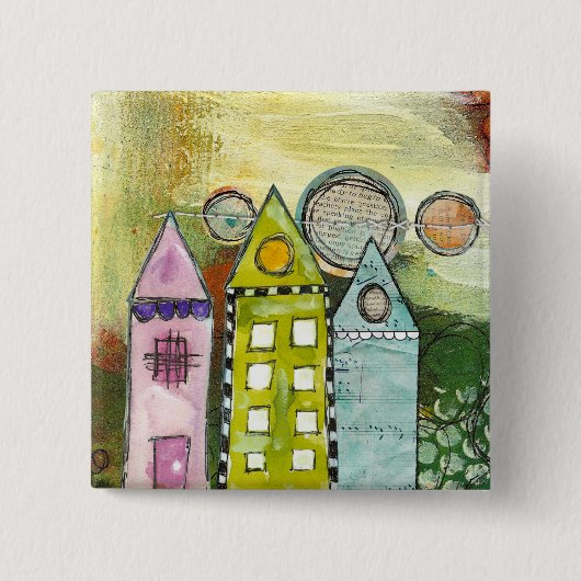 surrealistische knop 'drie huizen' vierkante button 5,1 cm (Voorkant)