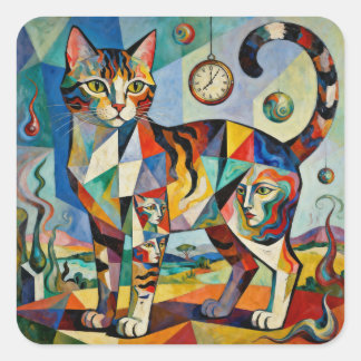 Surrealistische kubistische stijl kat kunst vierkante sticker