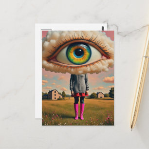 surrealistische kunst hoofd in de wolken oogbal briefkaart