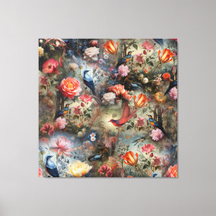 Surrealistische kunst met bloemen & vogels canvas afdruk