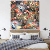 Surrealistische kunst met bloemen & vogels canvas afdruk (Insitu (Slaapkamer))