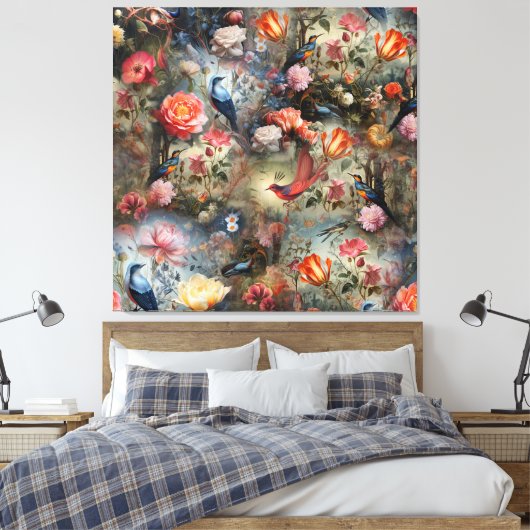 Surrealistische kunst met bloemen & vogels canvas afdruk (Insitu (Slaapkamer))