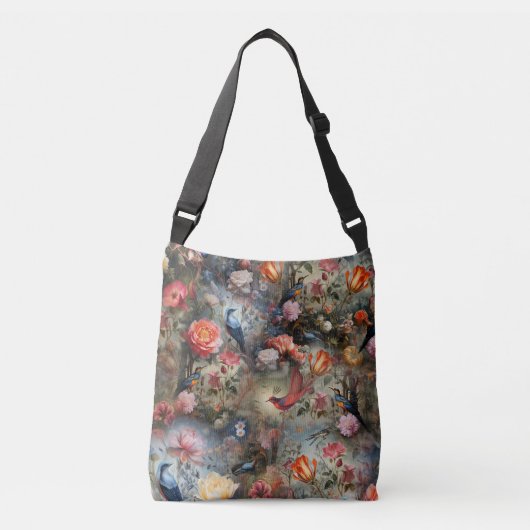 Surrealistische kunst met bloemen & vogels crossbody tas (Voorkant)
