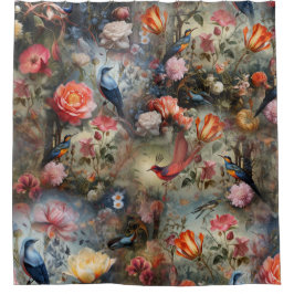 Surrealistische kunst met bloemen & vogels douchegordijn