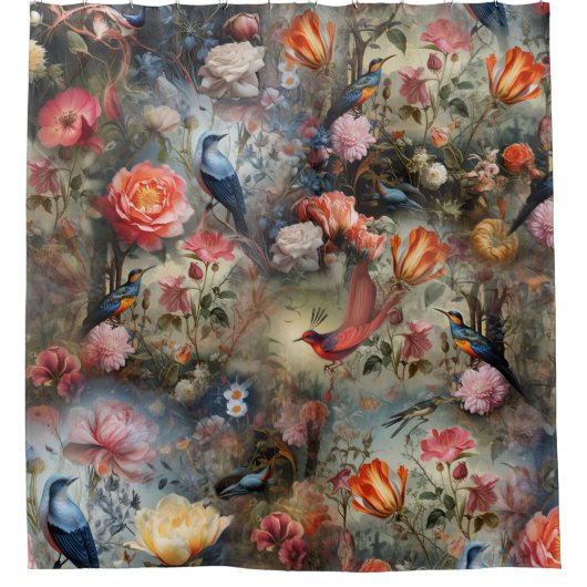 Surrealistische kunst met bloemen & vogels douchegordijn (Voorkant)