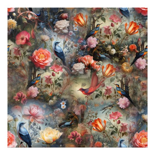 Surrealistische kunst met bloemen & vogels foto afdruk (Voorkant)