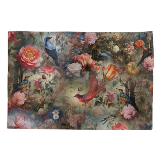 Surrealistische kunst met bloemen & vogels kussensloop (Achterkant)