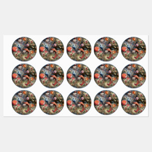 Surrealistische kunst met bloemen & vogels labels