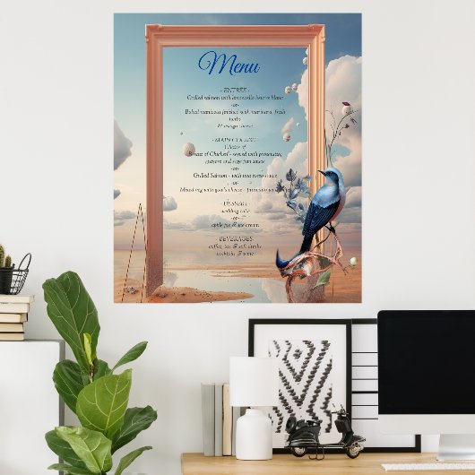 Surrealistische kunst met bloemen & vogels poster (Thuiskantoor)