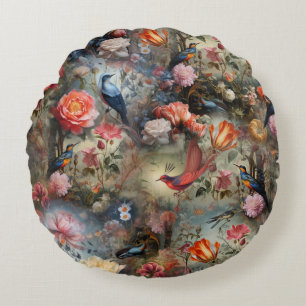 Surrealistische kunst met bloemen & vogels rond kussen