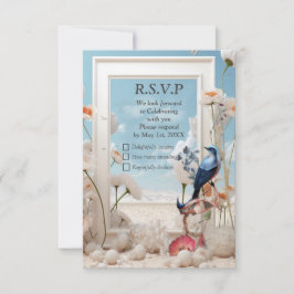 Surrealistische kunst met bloemen & vogels RSVP kaartje