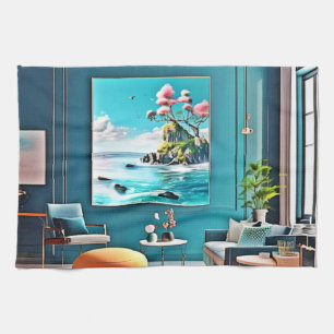 Surrealistische kustparadijs wandkunst voor modern theedoek