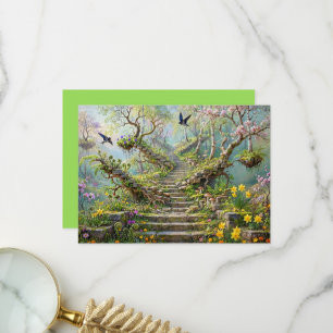 Surrealistische Lentetrap Slikt Wilde Bloemen Bedankkaart