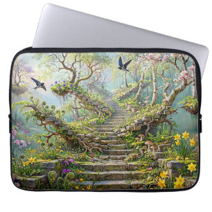Surrealistische Lentetrap Slikt Wilde Bloemen Laptop Sleeve