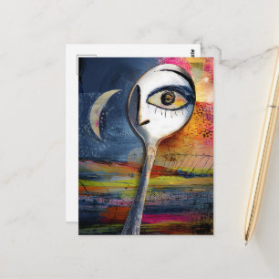 Surrealistische maan en lepel met gezichts collage briefkaart