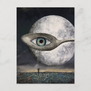 Surrealistische maan en lepel met oogbalcollage briefkaart