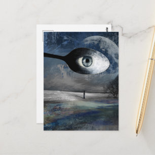 Surrealistische Maan- en Lepelcollage Eenzame Bome Briefkaart