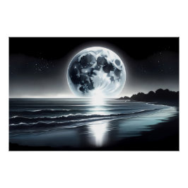 Surrealistische maanopkomst boven rustige oceaan k perfect poster