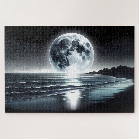 Surrealistische maanopkomst boven rustige oceaanku legpuzzel (Horizontaal)