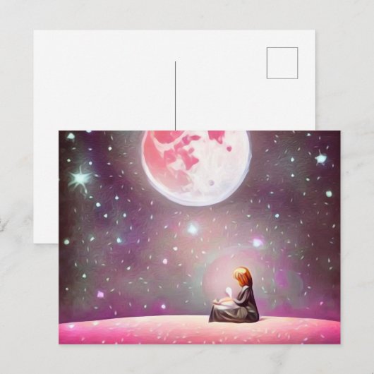 Surrealistische  meid en volle roze maan briefkaart (Voorkant / Achterkant)