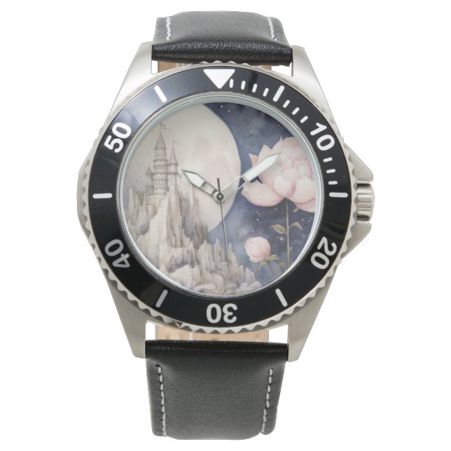 Surrealistische Moonstone Tower met Pioenrozen Horloge (Voorkant)