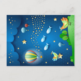 Surrealistische nacht met ballonnen en sterrengolf feestdagenkaart